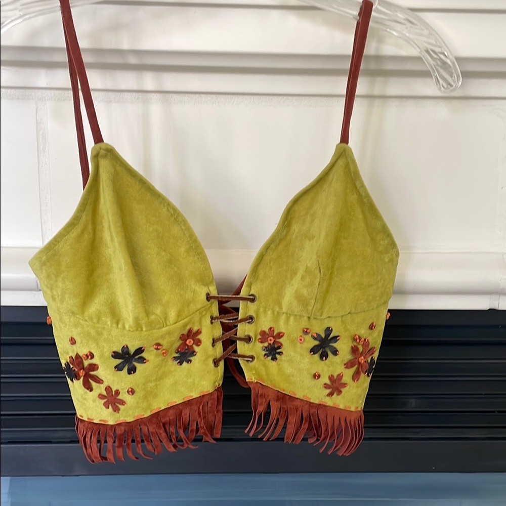 Vintage Retro Ultra Suede Embroidered Fringe Crop Top